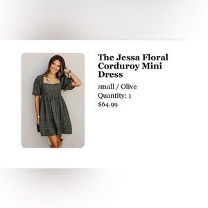 The Jessa Floral Corduroy Mini Dress - Olive (NWT) Small